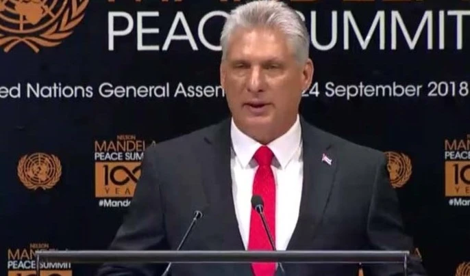 Presidente de Cuba, Miguel Díaz-Canel , pronunció un discurso en la Cumbre de Paz Nelson Mandela en la ONU. 24 de septiembre de 2018.