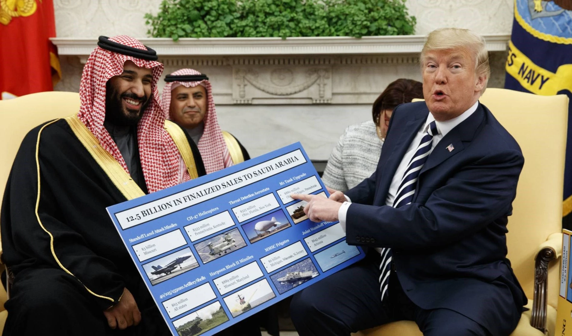 Trump, en el Despacho Oval, junto al príncipe heredero saudita, Mohammed Bin Salman, mostrando las ventas militares a Riad.