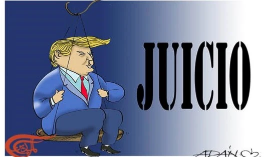 Juicio. Caricatura: Adán / Al Mayadeen Español