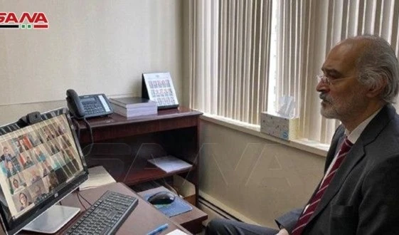 El representante sirio en ONU, Bashar Jaafari, durante una sesión online del Consejo de Seguridad.