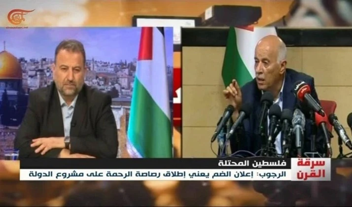 Conferencia de prensa conjunta entre el jefe adjunto del Buró Político de Hamas, Cheikh Saleh al-Arouri y el secretario del Comité Central del movimiento Fatah, Jibril Rajoub.