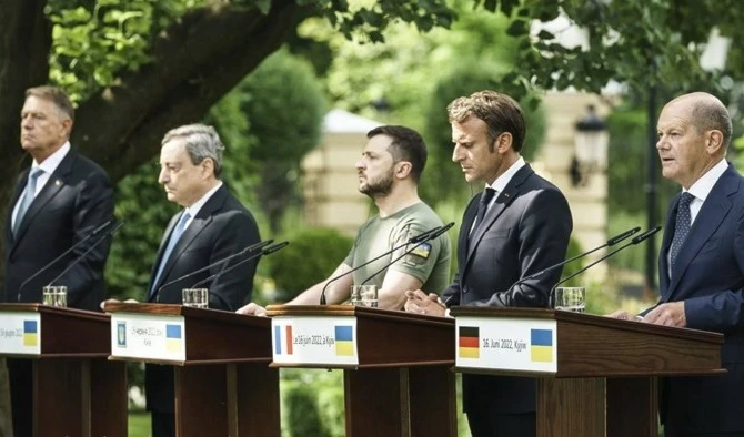 Zelensky participó en una conferencia de prensa con sus aliados de Francia, Italia y Alemania.