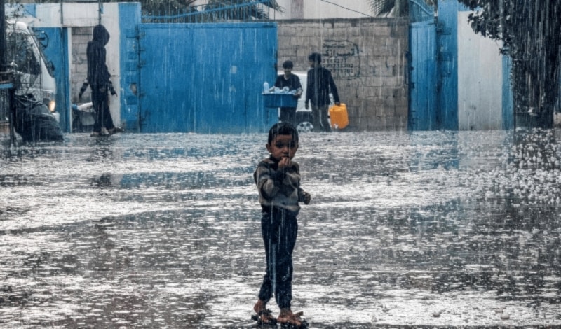 Los miles de desplazados no tienen un lugar seguro para refugiarse de las constantes lluvias que hoy afectan la Franja de Gaza. 
