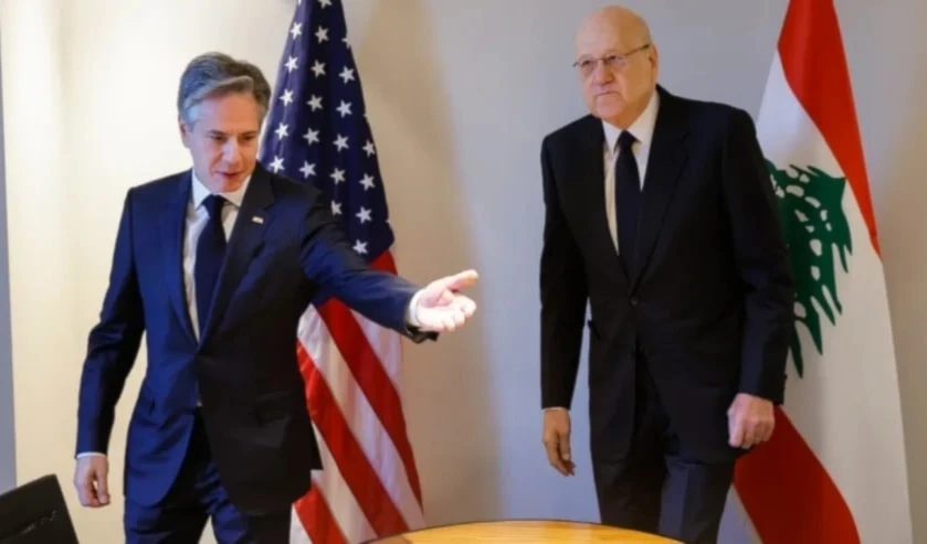 Anthony Blinken y Najib Mikati durante su encuentro en Jordania.