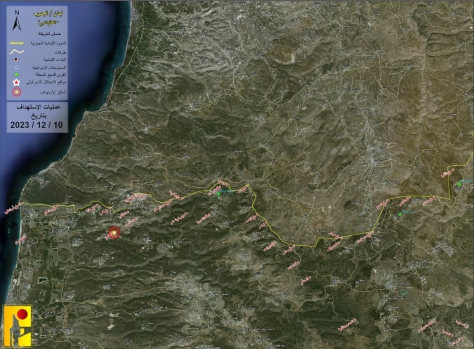 Mapa electrónico que identifica el cuartel Yaara, atacado por la Resistencia libanesa.