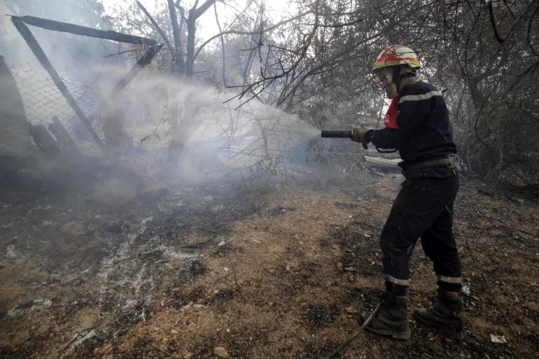 bombero intenta extinguir un incendio en la región montañosa de Kabyle, Argelia. Foto: EFE. 