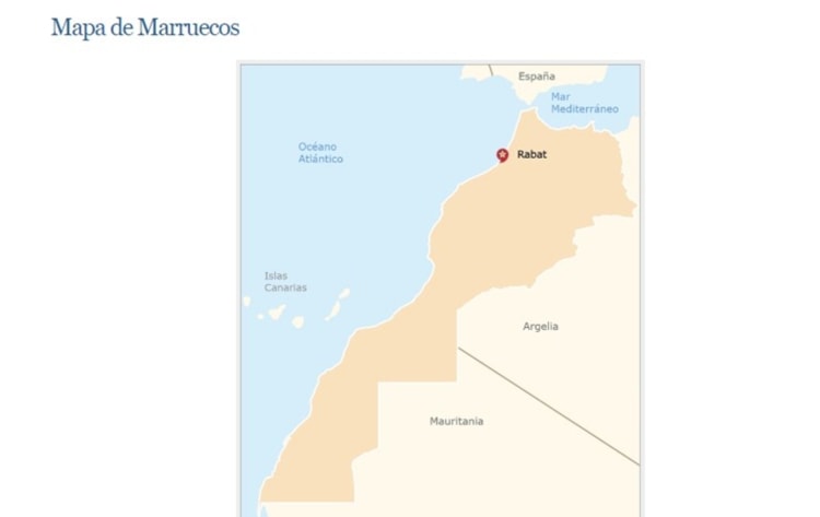Mapa de Marruecos publicado por el sitio oficial de su embajada en Madrid, en el cual incluyeron las ciudades de Ceuta y Melilla, hoy bajo jurisdicción española. 