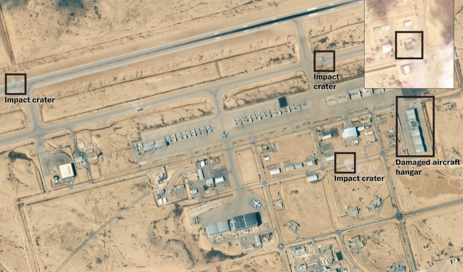 Imagen de satélite publicada por The Washington Post muestra los daños sufridos por Nevatim tras el ataque iraní. Imagen de satélite publicada por The Washington Post muestra los daños sufridos por Nevatim tras el ataque iraní.