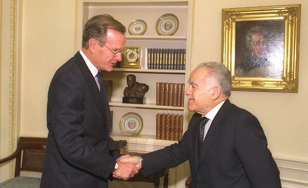 El presidente George H. W. Bush  y primer ministro de israel  Yitzhak Shamir