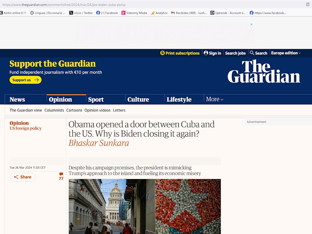 Imagen del artículo publicado en el sitio digital británico de The Guardian el cual reconoce la guerra económica de EE. UU. contra Cuba.