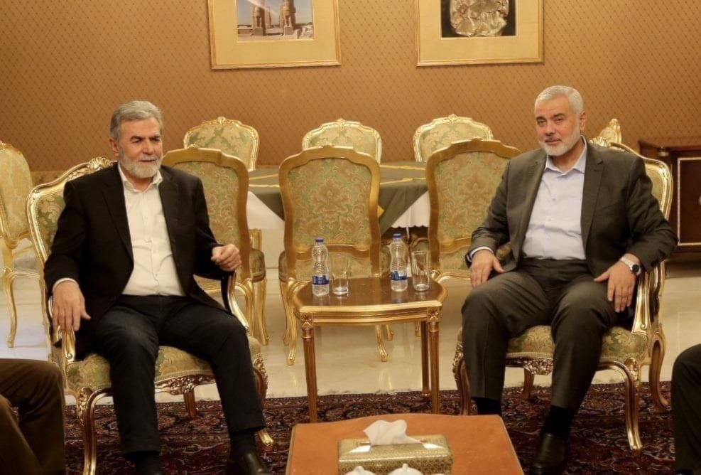 El jefe del Buró Político del movimiento de resistencia palestino Hamas, Ismail Haniyeh, y el secretario general de Yihad Islámica, Ziyad al-Nakhalah, en Teherán.