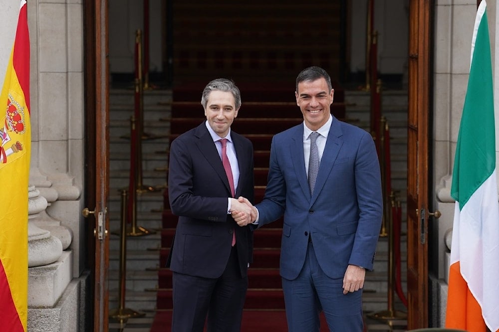 El jefe del gobierno de Irlanda, Simon Harris, recibe al presidente de España, Pedro Sánchez.