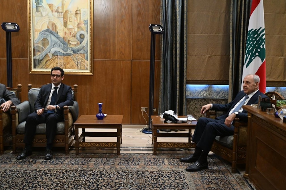 El presidente del Parlamento libanés durante la recepción al ministro de Asuntos Exteriores francés.