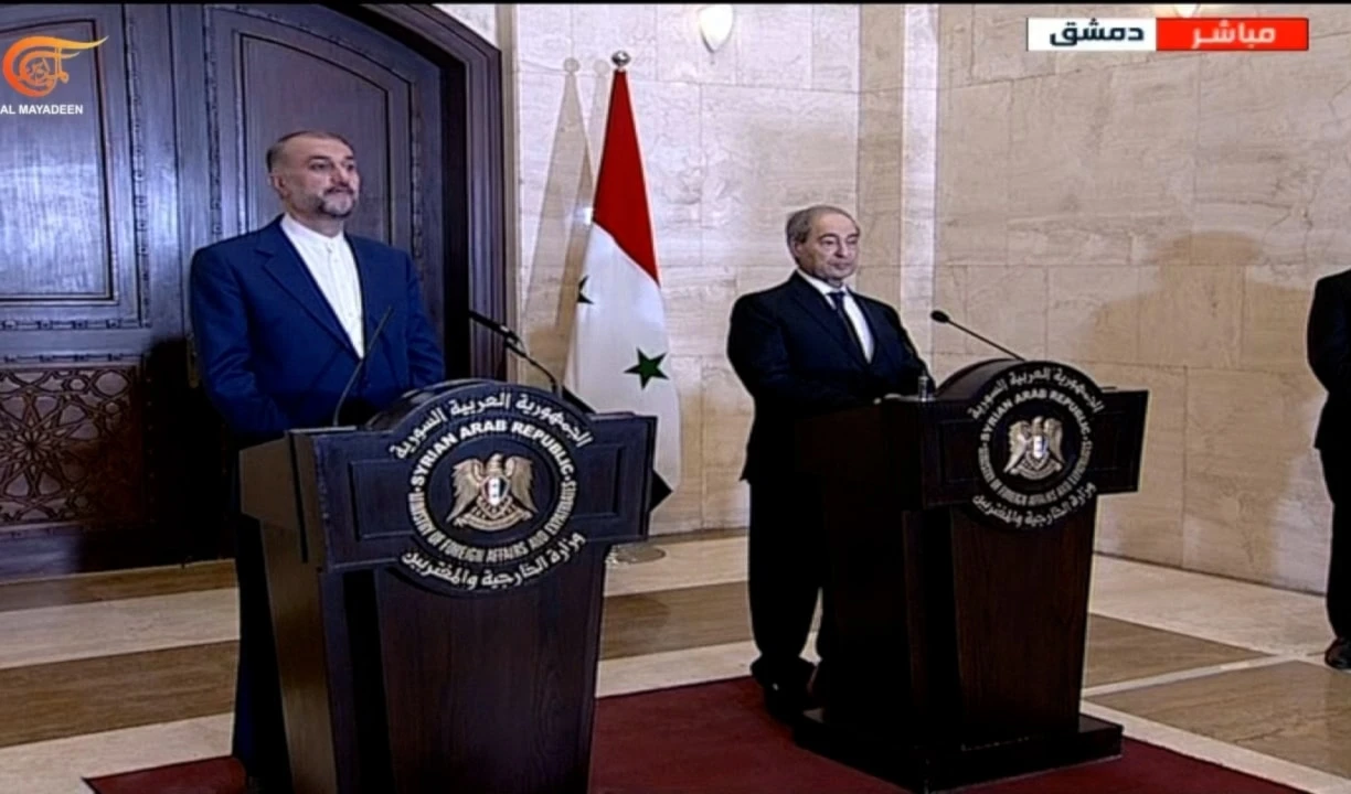 Cancilleres de Irán y Siria en conferencia de prensa este lunes.