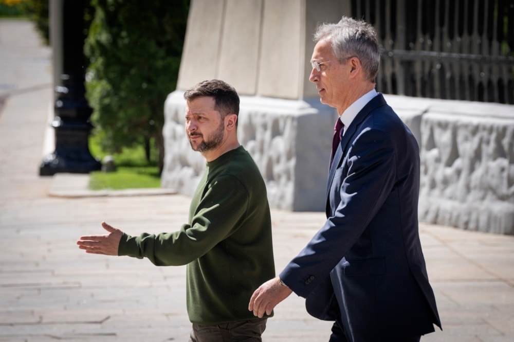 Presidente de Ucrania recibe a Secretario General de la OTAN, 19 abril 2024 (AP)