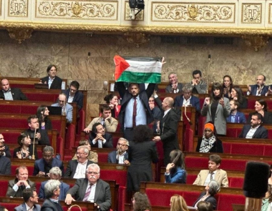 Diputado francés, Sebastien Delogo, ondea bandera en el Parlamento. 28 de mayo 2024