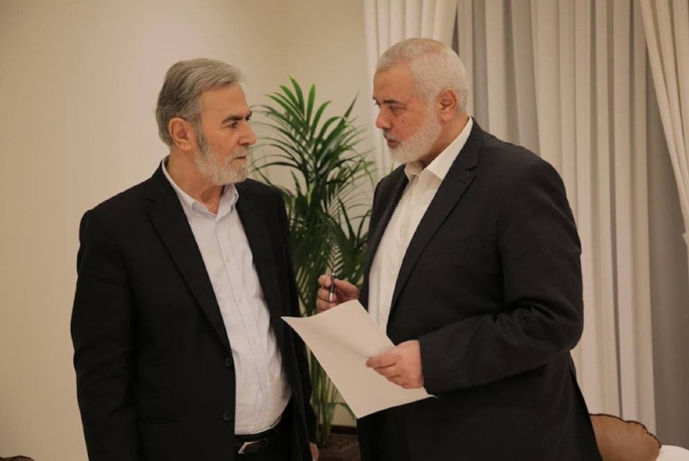 El jefe del Buró Político de Hamás, Ismail Haniyeh, y el secretario general del Movimiento Yihad Islámica, Ziad al-Nakhalah, discuten la respuesta a la propuesta israelí presentada por Joe Biden. 