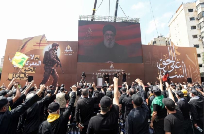 El secretario general de Hizbullah, Sayyed Hassan Nasrallah, durante su discurso con motivo de la conmemoración de la festividad de Ashura.