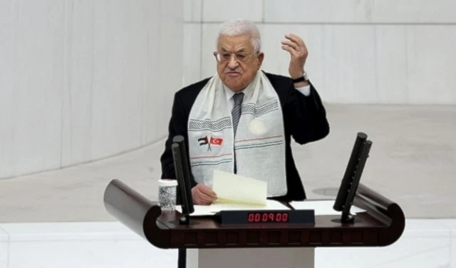 El presidente de la Autoridad Nacional Palestina, Mahmud Abbas, durante un discurso ante el Parlamento de Turquía, este 15 de agosto de 2024.