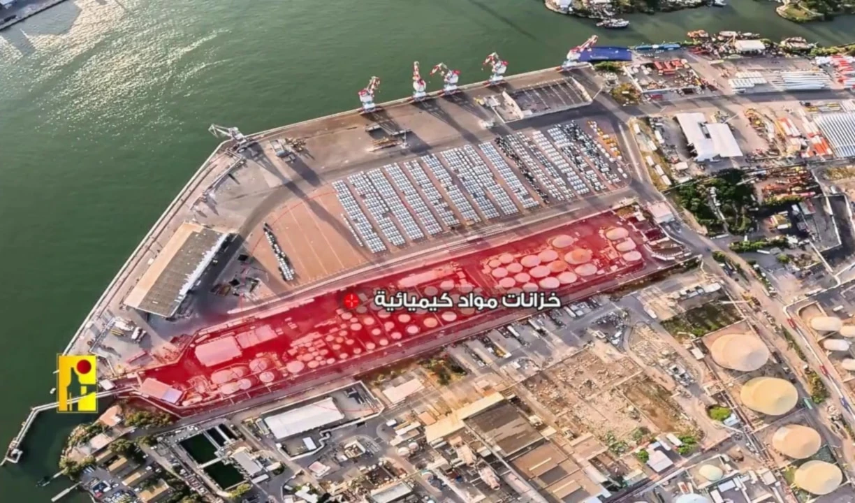 Escenas del vídeo “Lo que trajo la Abubilla” publicado por Hizbullah y donde muestra escenas de reconocimiento aéreo del puerto de Haifa y sus tanques químicos.