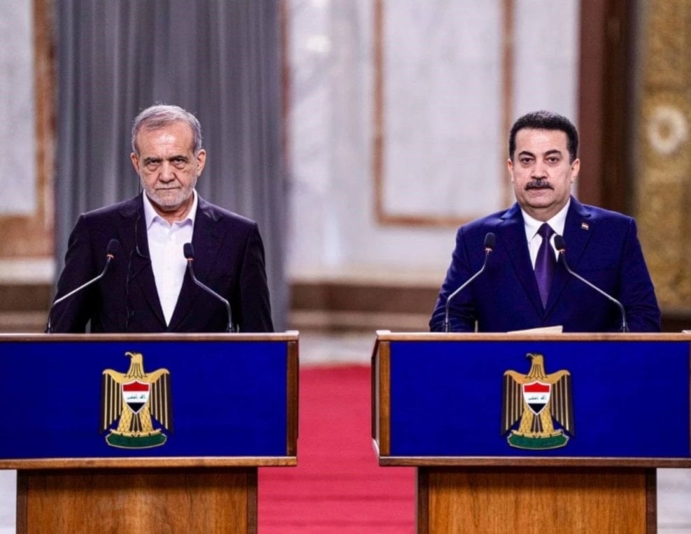 El primer ministro iraquí, Mohammad Shia al-Sudani, y el presidente iraní, Masoud Pezeshkian, en una conferencia de prensa conjunta en Bagdad, este 11 de septiembre de 2024. 