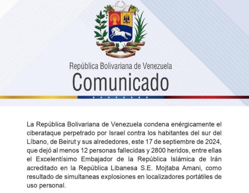 Venezuela condena agresión electrónica contra Líbano y acusa a 