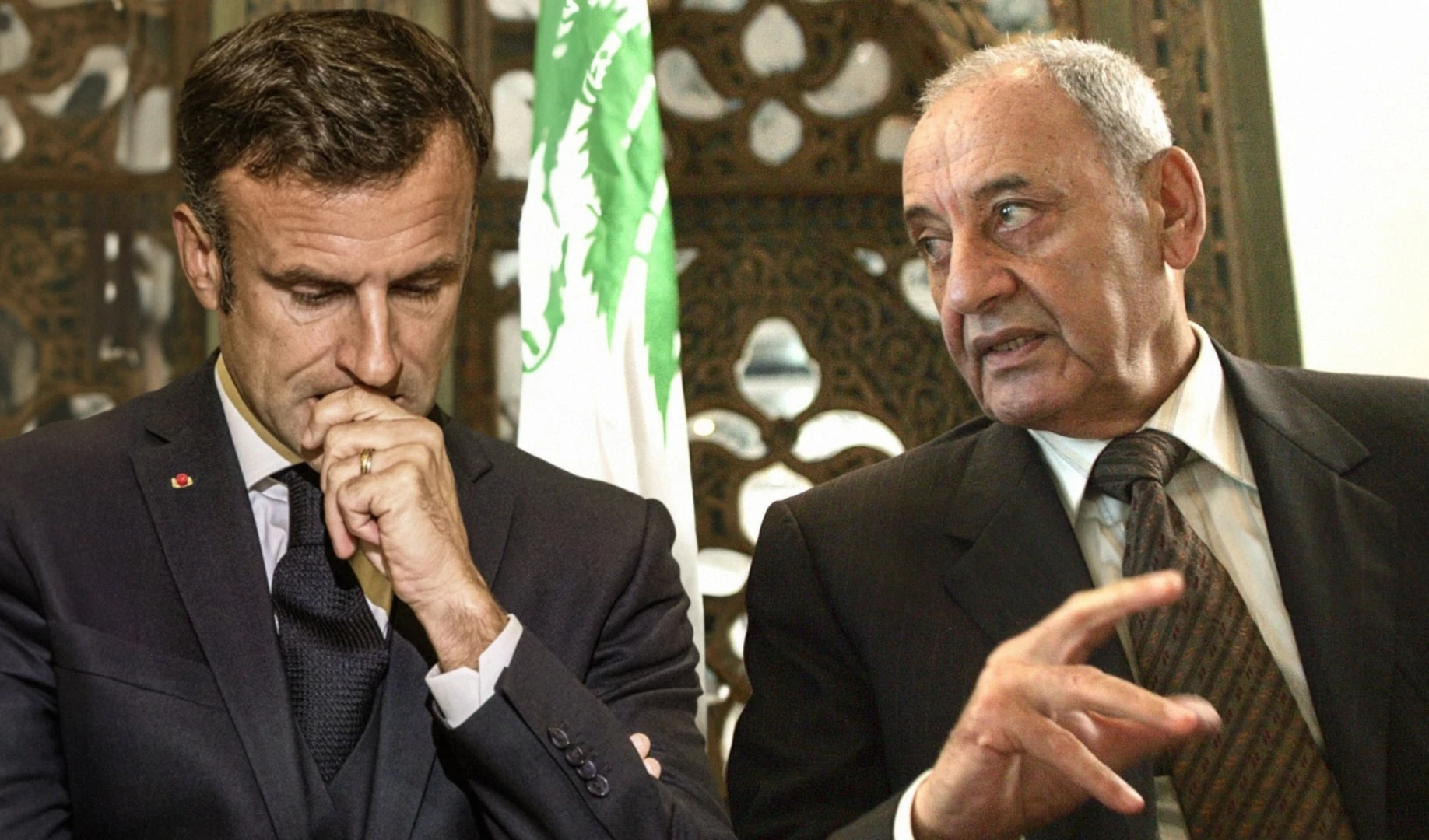 Presidente del Parlamento en Líbano, Nabih Berri, y presidente de Francia, Emmanuel Macron (Agencias)