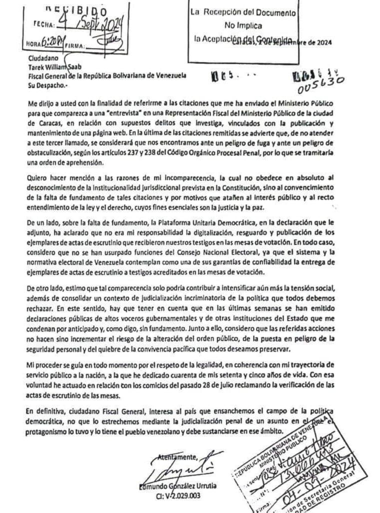 Excandidato presidencial de Venezuela envía carta a la fiscalía