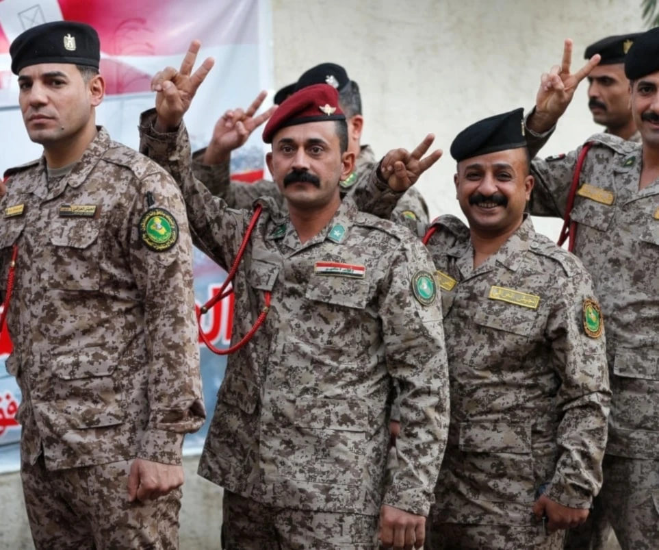 Soldados iraquíes muestran signo de la victoria antes de emitir sus votos en un colegio electoral en Bagdad (Foto: AFP)