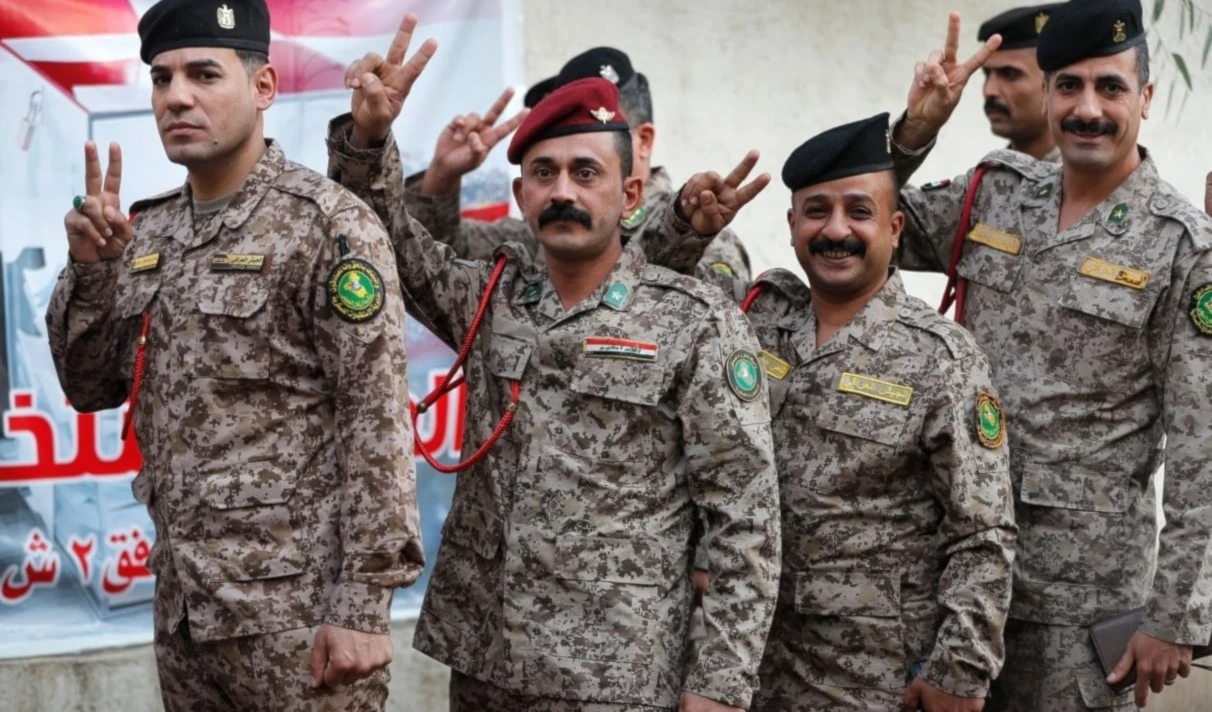 Soldados iraquíes muestran signo de la victoria antes de emitir sus votos en un colegio electoral en Bagdad (Foto: AFP)