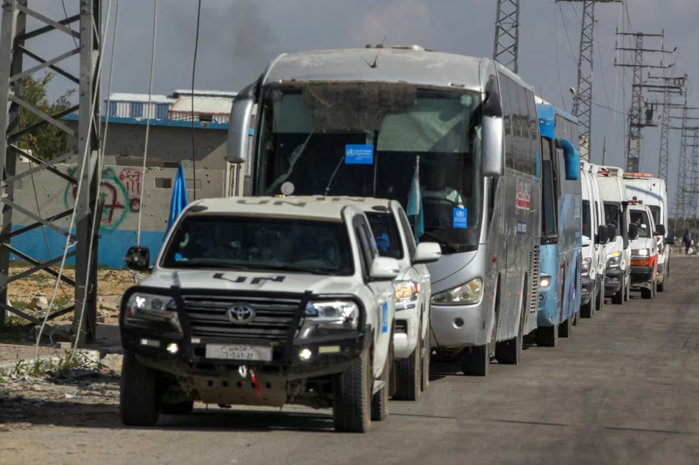 Los autobuses coordinados por la Organización Mundial de la Salud para el traslado de los pacientes.