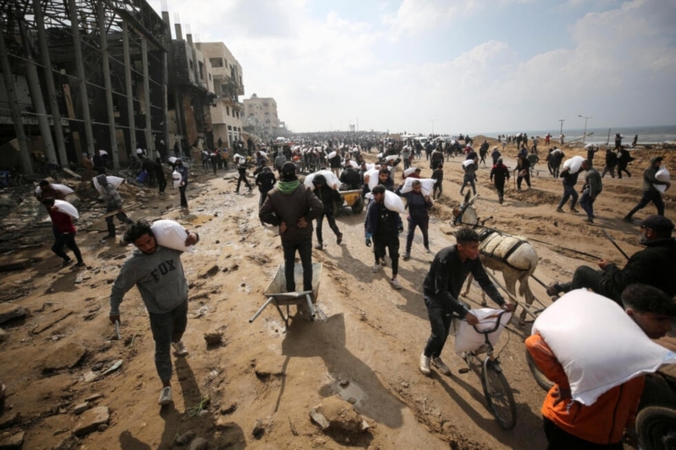 Palestinos cargan bolsas de harina entregadas por un camión de ayuda arribado a Gaza.