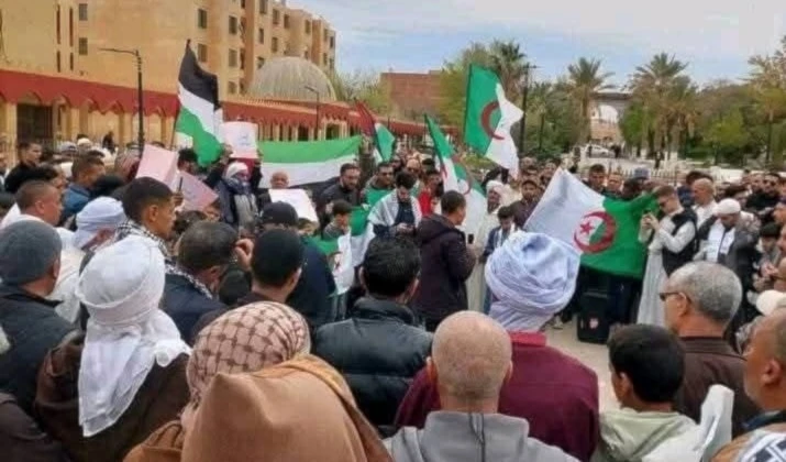 Manifestantes en la capital argelina denuncian los crímenes israelíes en Gaza.