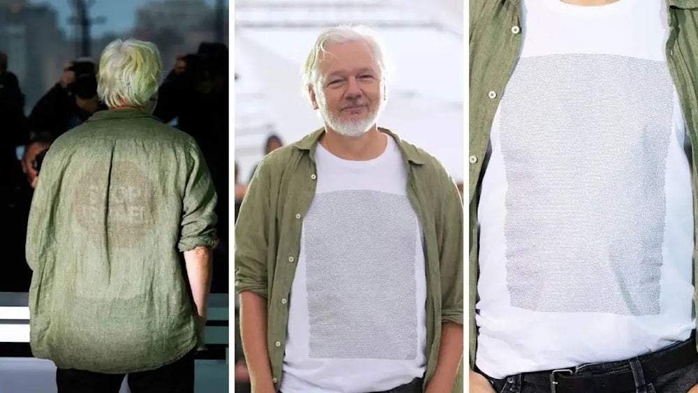 Julian Assange exhige en Cannes justicia para niños mártes de Gaza. Foto: AP. 