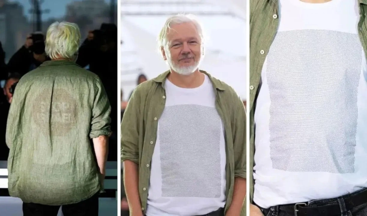 Julian Assange exhige en Cannes justicia para niños mártes de Gaza. Foto: AP.