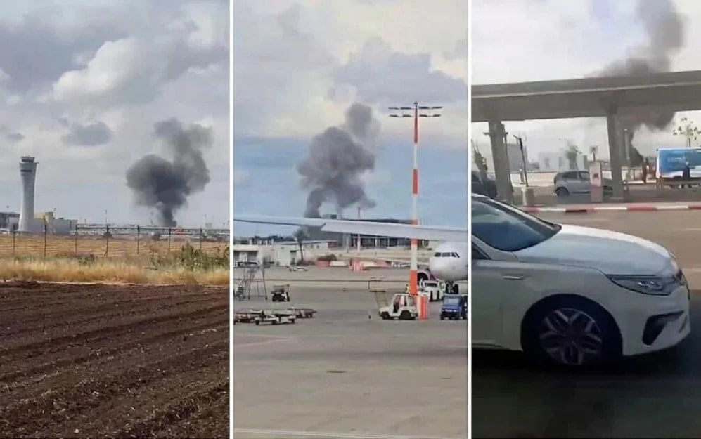 El humo se eleva en los alrededores del aeropuerto Ben Gurion tras el impacto del misil hipersónico lanzado desde Yemen. 