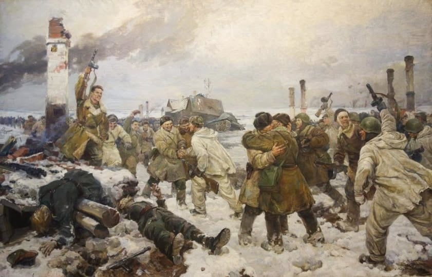 En el retrato, imagen de la victoria en Leningrado tras romper el bloqueo nazi.