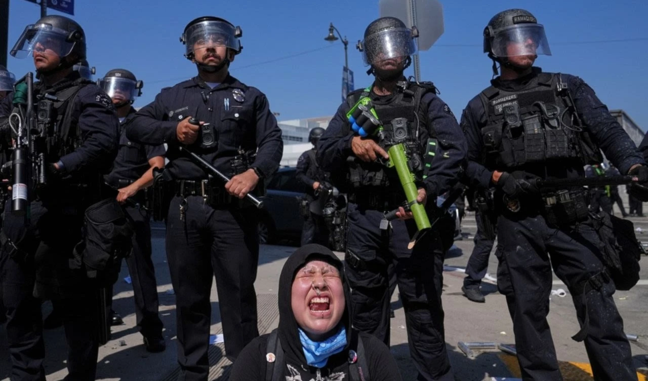 Una mujer grita mientras los manifestantes se enfrentan a una línea de policías cerca del Centro de Detención Metropolitano en el centro de Los Ángeles el domingo. (Foto: AP)