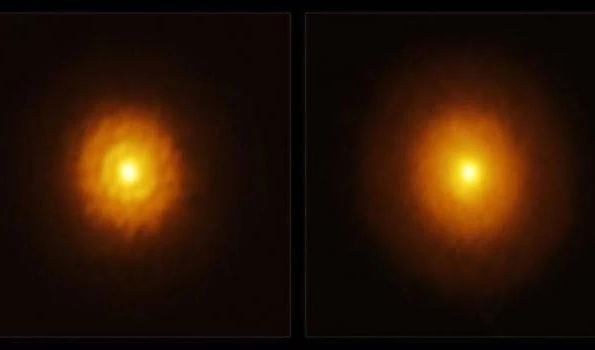 El disco protoplanetario de la joven estrella MP Mus, visto por ALMA, presenta estructuras de anillo que revelan un exoplaneta gigante acechante. Foto: ALMA.