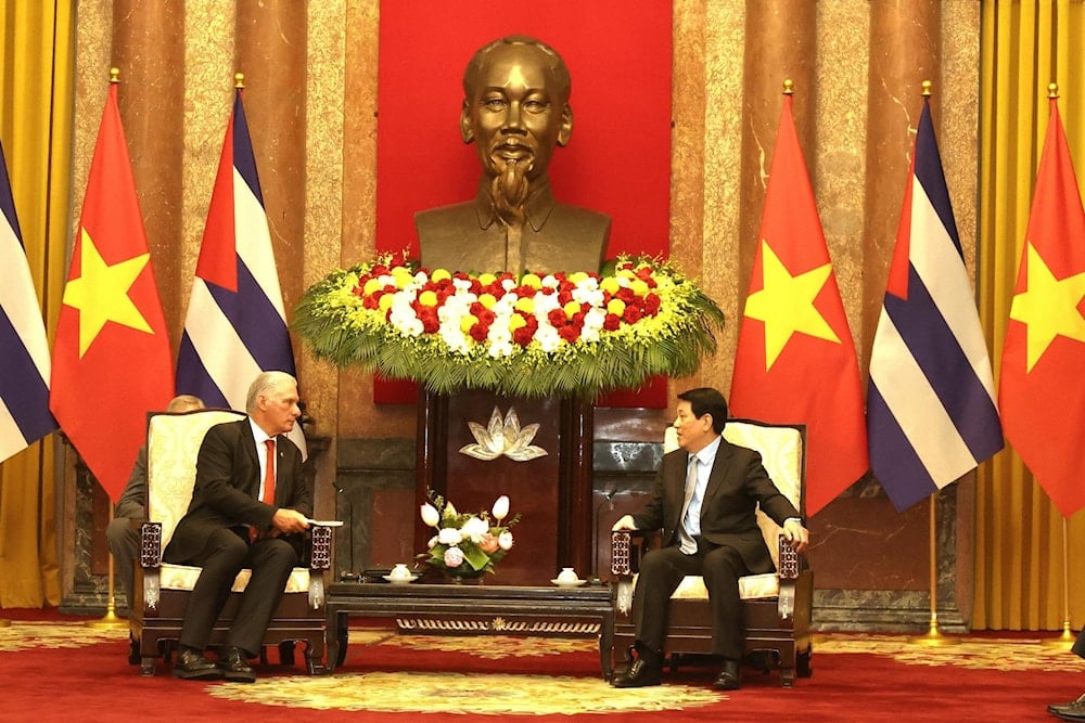 Los presidentes de Cuba y Vietnam, Miguel Díaz-Canel y Luong Cuong, respectivamente, dialogaron sobre los 65 años de ejemplares relaciones entre ambas naciones. (Foto: @PresidenciaCuba)