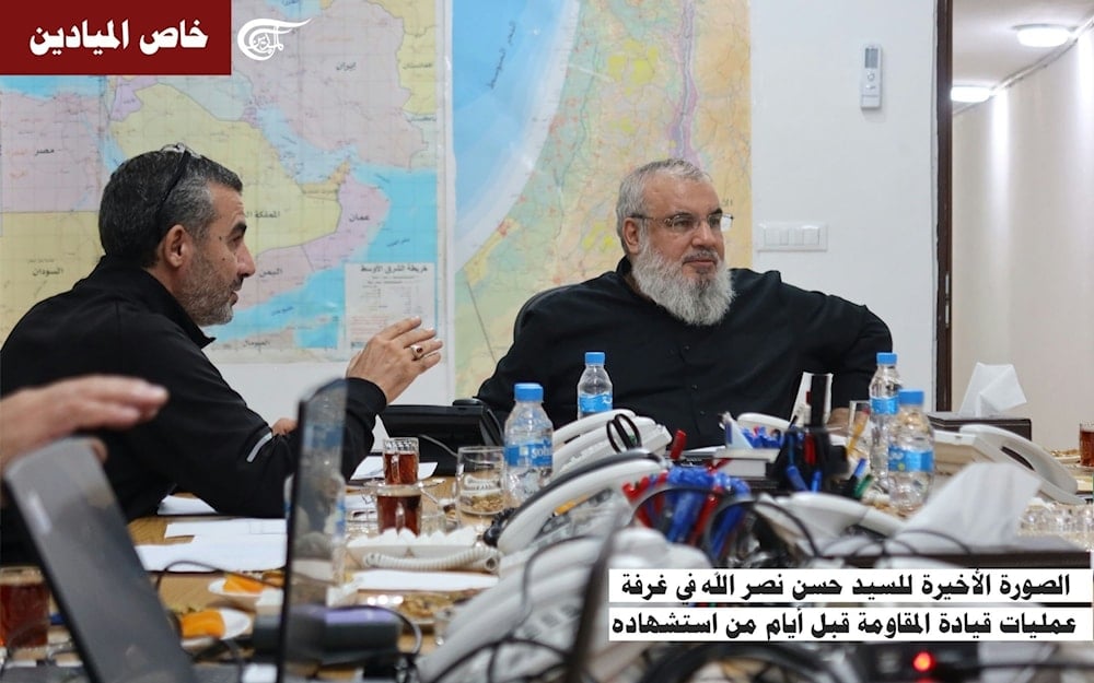 La última foto del Sayyed Hassan Nasrallah resalta su presencia en el corazón de la batalla hasta el último momento y consagra su simbolismo como un líder que enfrentó los peligros con firmeza. 